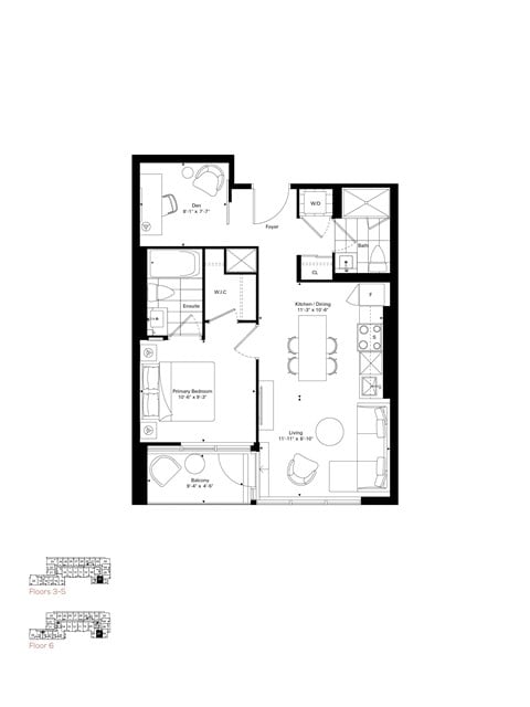Floor plan for 1 bed, 1 bath, 646 sqft